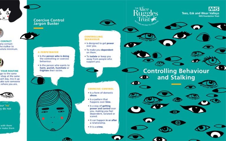 Teal infographic cover titled Controlling Behaviour and Stalking, with numerous drawn eyes and white speech bubbles outlining coercive control concepts.