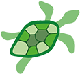 Cartoon green turtle with a hexagonal-pattern shell on a leafy background.