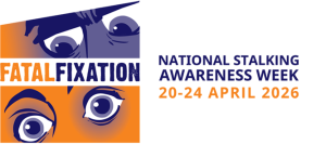 Logo-style illustration with two overlapping pairs of expressive eyes in orange and blue on the left, and a navy-orange wordmark on the right.