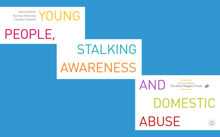 Banner: 'Young People, Stalking Awareness and Domestic Abuse' on white blocks over a blue background (campaign graphic).