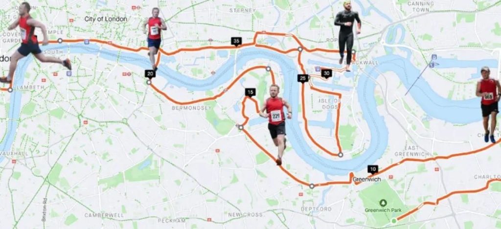 Map of a London running route along the River Thames with several runners wearing bibs and orange course lines