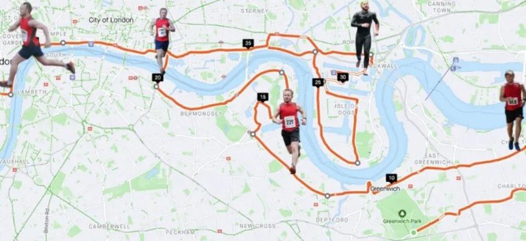 Map of a London running route along the River Thames with several runners wearing bibs and orange course lines